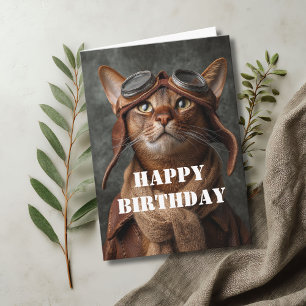 Cartão Gato de Aniversário Piloto Aviador Legal Divertido