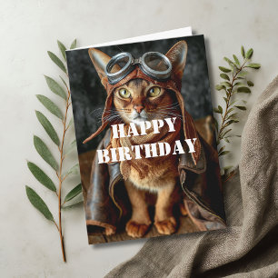 Cartão Gato de Aniversário Piloto Aviador Legal Divertido