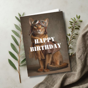 Cartão Gato de Aniversário Piloto Aviador Legal Divertido