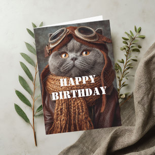 Cartão Gato de Aniversário Piloto Aviador Legal Divertido