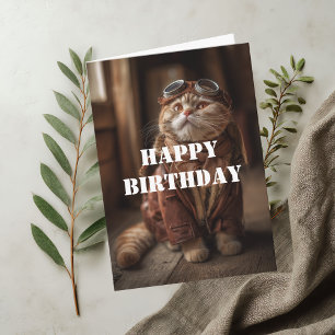 Cartão Gato de Aniversário Piloto Aviador Legal Divertido