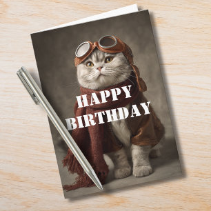 Cartão Gato de Aniversário Piloto Aviador Legal Divertido