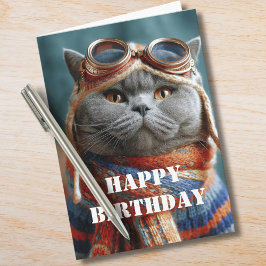 Cartão Gato de Aniversário Piloto Aviador Legal Divertido