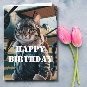 Cartão Gato de Aniversário Piloto Avião Legal Engraçado A