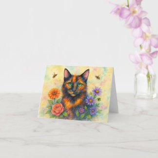 Cartão Gato de aquarela com flores