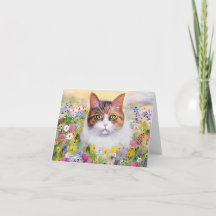 Gato de aquarela e flores silvestres personalizáve