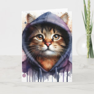 Cartão Gato de Aquarela em Capuz Azul Roxo Splash Branco