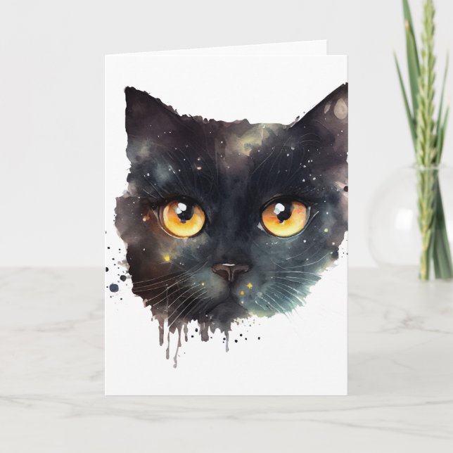 Cartão Gato de Aquarela Preta Pingando (Frente)