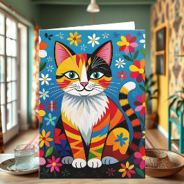 Cartão Gato de Arte Popular Boho, Flores e Borboleta de A