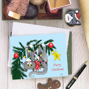 Cartão Gato de Árvore de Natal Engraçado