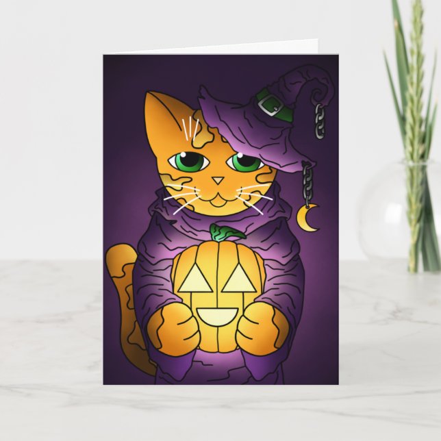 Cartão Gato de Bruxas de Halloween Roxo (Frente)