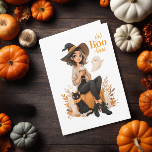 Cartão Gato de Café de Bruxa e Abóbora no Halloween