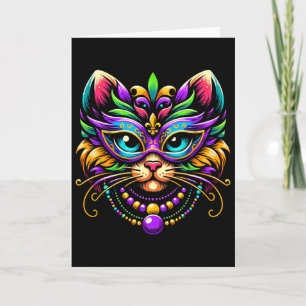 Cartão Gato de Carnaval Usando Máscara Chapéu de Bobo Eng