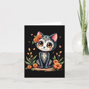 Cartão Gato de Crânio de Açúcar Colorido Halloween Mexica