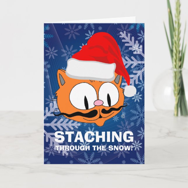 Cartão Gato de desenho animado engraçado com bigode Natal (Frente)
