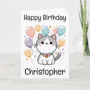 Cartão Gato de Desenho Animado Personalizado e Aniversári