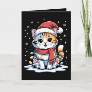 Cartão Gato de Natal Chapéu do Papai Noel Cachecol Luzes 