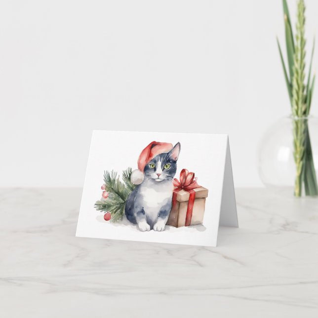 Cartão Gato de Natal com Aquarela com Presente (Frente)