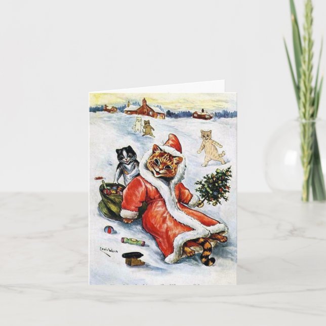 Cartão Gato de Natal do Papai Noel de Louis Wain (Frente)