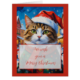 Cartão Gato de Natal Festivo com Chapéu de Papai Noel