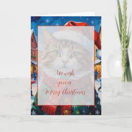 Cartão Gato de Natal Festivo com Chapéu de Papai Noel