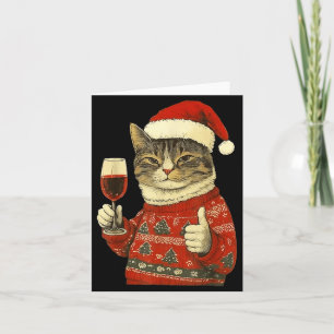 Cartão Gato de Natal Gosta de Gato Fofo Bebendo Vinho Com