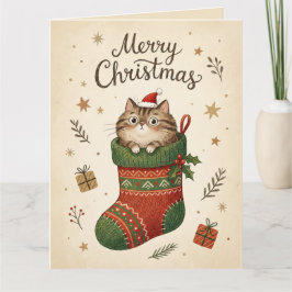 Cartão Gato de Natal na Meia