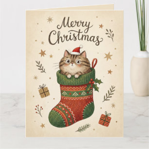 Cartão Gato de Natal na Meia
