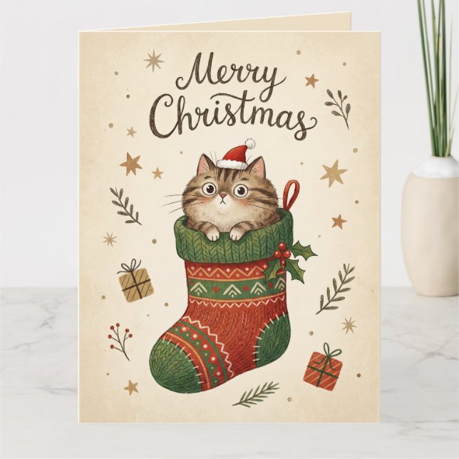 Cartão Gato de Natal na Meia (Frente)