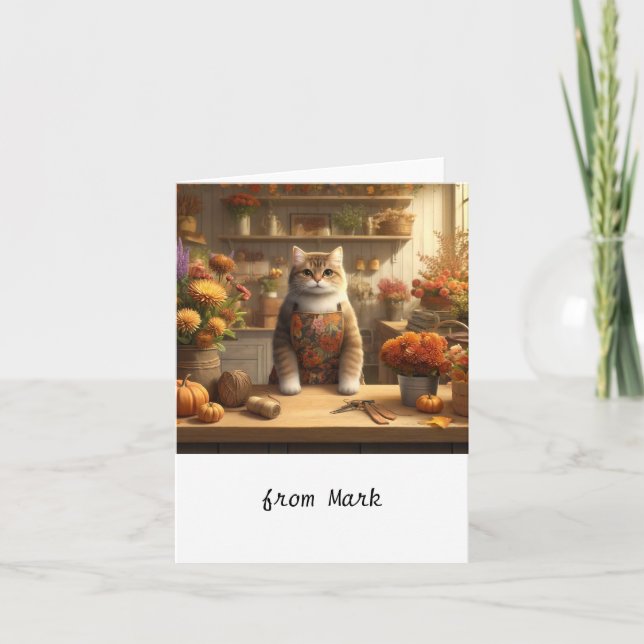 Cartão Gato de Outono com Flores – Saudação da Estação de (Frente)