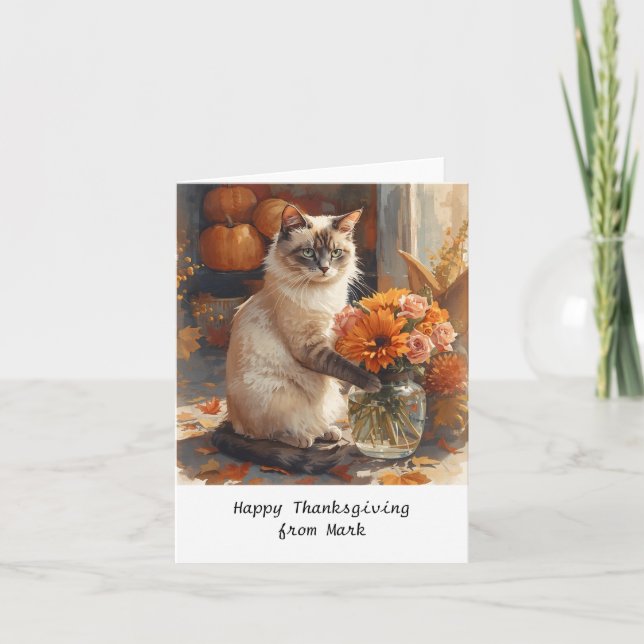 Cartão Gato de outono com Flores - Saudação de Fall Seaso (Frente)