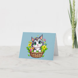 Cartão Gato de Páscoa primavera em Flores