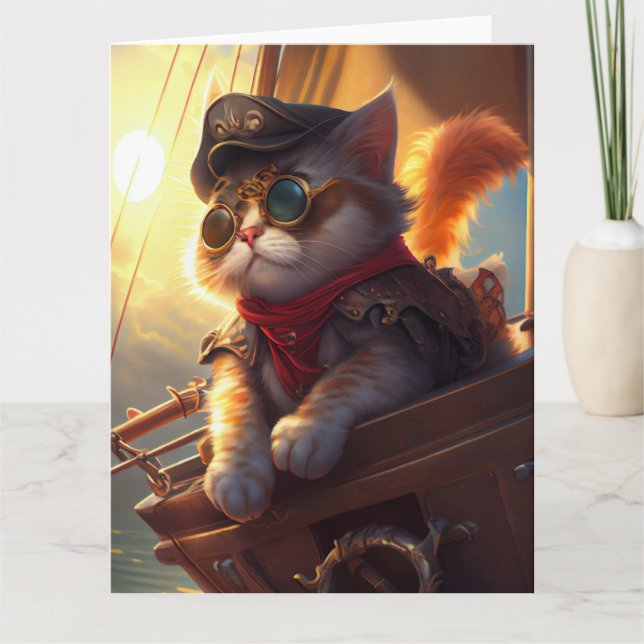 Cartão Gato de Pirata Steampunk à vela (Frente)