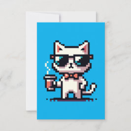 Cartão Gato de Pixel legal com Café - Felino Retro de 8 B