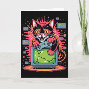 Cartão Gato de Raiva de Pixel Jogador Retro Glitch em Est