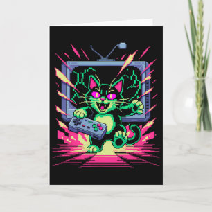Cartão Gato de Raiva de Pixel Retro Gamer Glitch em Estil