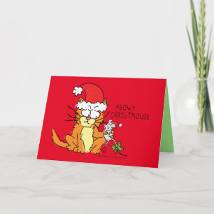 Cartão Gato Divertido Natal Desenho Fofo Rato