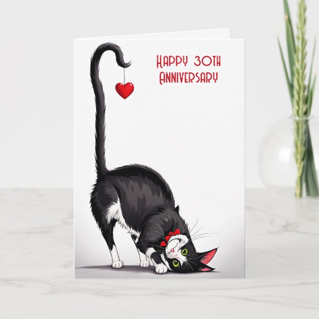 Cartão Gato do 30º Aniversário Com Coração Vermelho (Frente)