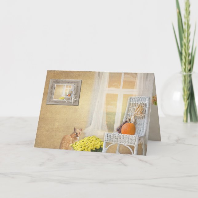 Cartão gato do outono com janela-pensamento de você (Frente)