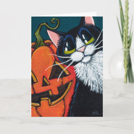 Cartão Gato do smoking e lanterna de sorriso da abóbora