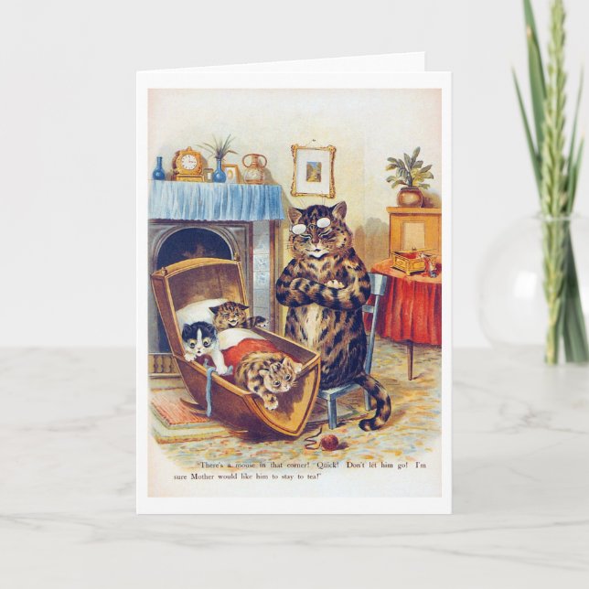 Cartão Gato Dozinho e Gato Bebê, Louis Wain (Frente)