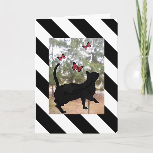 Cartão Gato e borboleta preto, aniversário em branco (Frente)