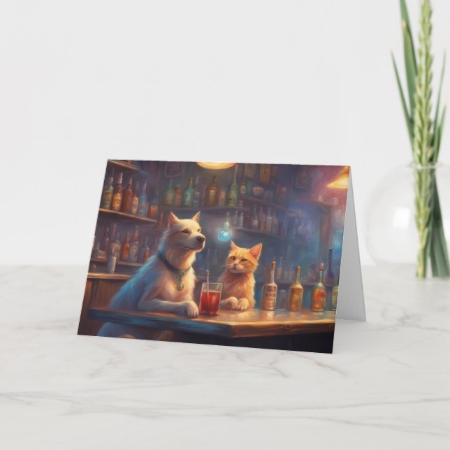 Cartão Gato e Cachorro em um bar falando coisas de aniver (Frente)