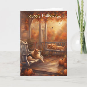 Cartão Gato e cachorro felizes de Halloween em um alpendr