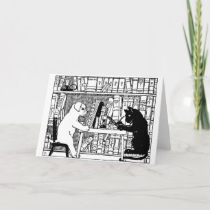 Cartão Gato e Cachorro Vintage Biblioteca Literária 