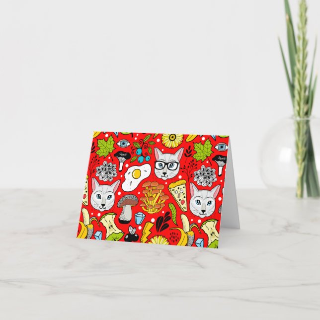 Cartão Gato e ovo em vermelho (Frente)