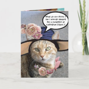 CARTÃO GATO ELEGANTE COM GRANDE CHAPÉU DE DIVA, ROSAS PIN