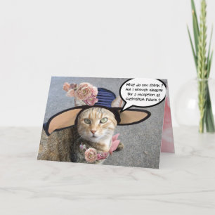 CARTÃO GATO ELEGANTE COM GRANDE CHAPÉU DE DIVA, ROSAS ROS