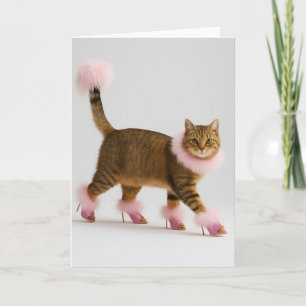 Cartão Gato Elegante em Saltos Rosa e Glamour Fofo