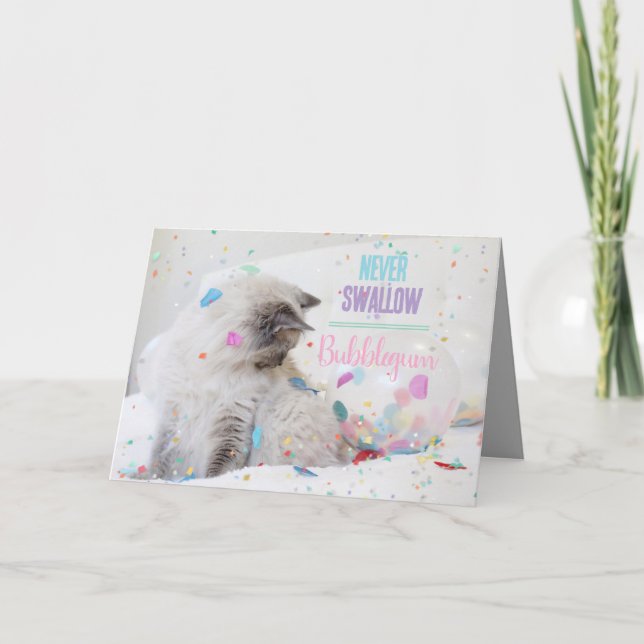 Cartão Gato Engraçado Com Bublegum Bubble Feliz Aniversár (Frente)